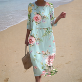 Soledad - Vestido de Playa Midi Floral de Manga Tres Cuartos