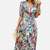 Elegante Vestido Midi Floral de Fiesta con Mangas Abullonadas
