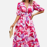 Elegante Vestido Midi Floral de Fiesta con Mangas Abullonadas