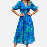 Elegante Vestido Midi Floral de Fiesta con Mangas Abullonadas