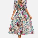 Elegante Vestido Midi Floral de Fiesta con Mangas Abullonadas