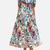 Elegante Vestido Midi Floral de Fiesta con Mangas Abullonadas