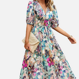 Elegante Vestido Midi Floral de Fiesta con Mangas Abullonadas