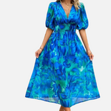 Elegante Vestido Midi Floral de Fiesta con Mangas Abullonadas