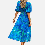 Elegante Vestido Midi Floral de Fiesta con Mangas Abullonadas