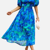 Elegante Vestido Midi Floral de Fiesta con Mangas Abullonadas