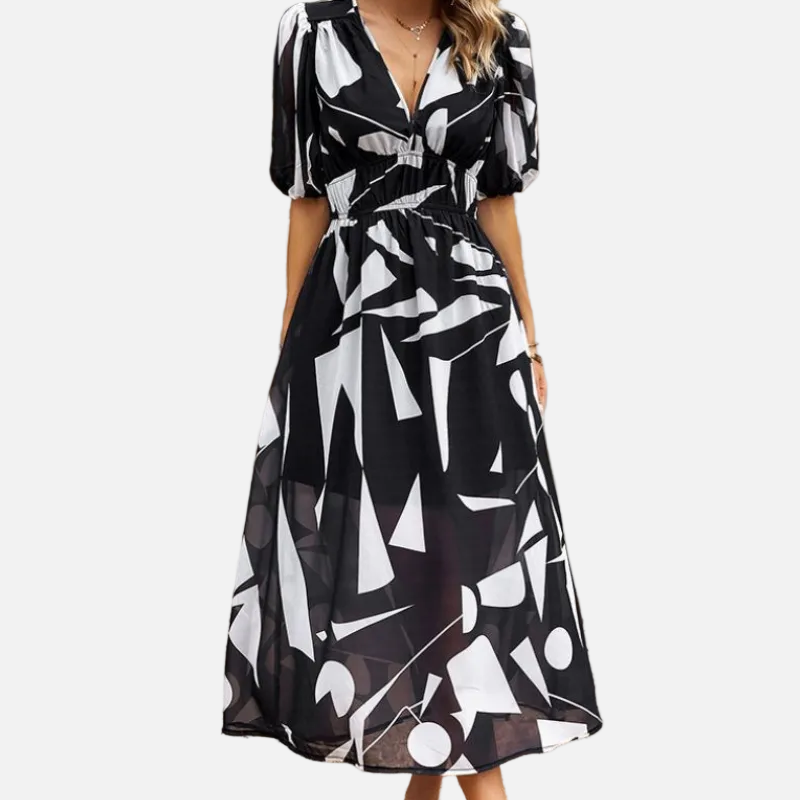 Elegante Vestido Midi Floral de Fiesta con Mangas Abullonadas