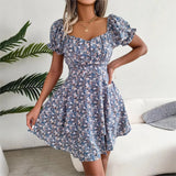 Vestido mini floral de manga corta para mujer con cintura con cordones y corte fluido