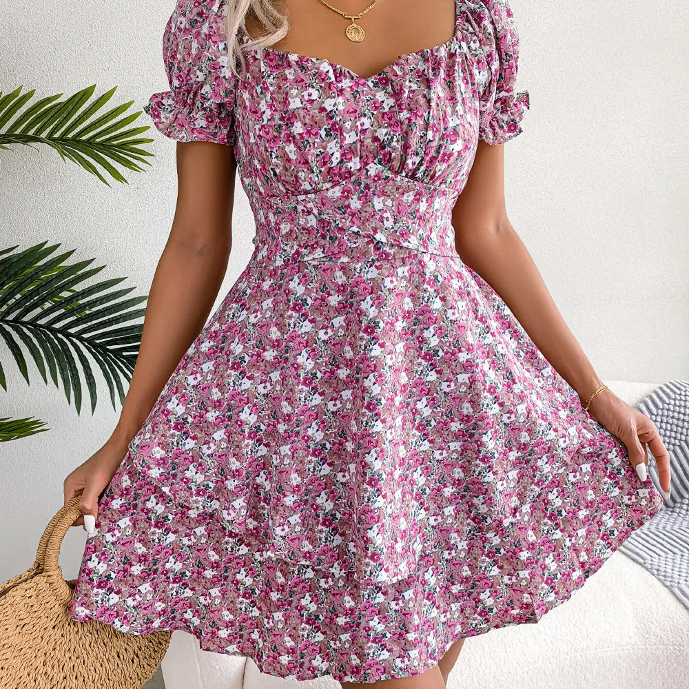 Vestido mini floral de manga corta para mujer con cintura con cordones y corte fluido