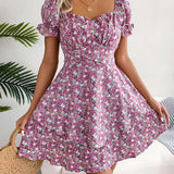Vestido mini floral de manga corta para mujer con cintura con cordones y corte fluido