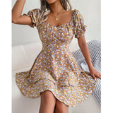 Vestido mini floral de manga corta para mujer con cintura con cordones y corte fluido