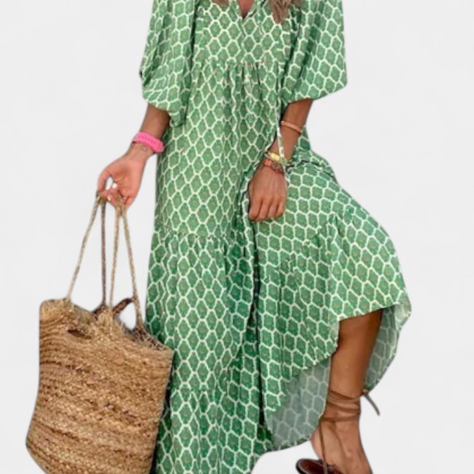 Vestido Aroa Boho con Estampado Artístico y Silueta Fluida