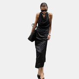 Vestido Maxi de Invitada de Boda de Satén Negro