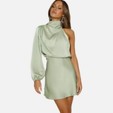 Vestido mini de un solo hombro con manga larga y cuello drapeado para mujer