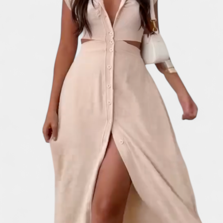 Vestido Midi Griselda con Botones y Cintura Abierta