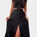 Vestido Midi Griselda con Botones y Cintura Abierta