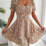 Vestido mini floral de manga corta para mujer con cintura con cordones y corte fluido