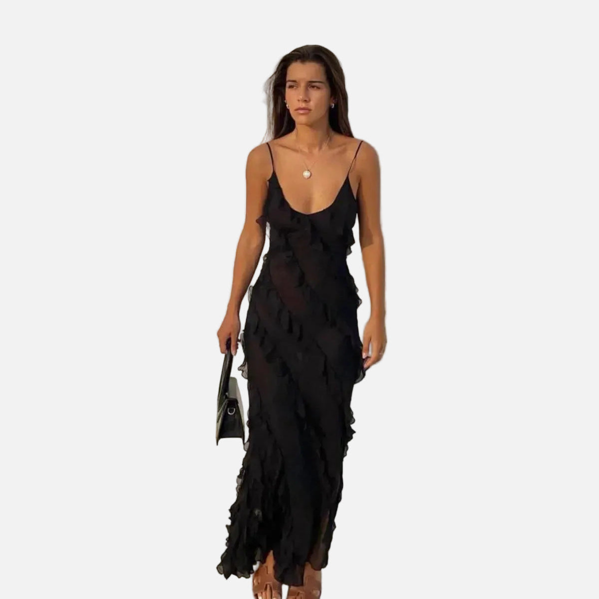 Vestido Maxi de Noche de Chifón con Volantes Romántico