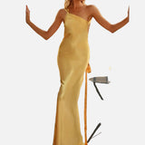 Vestido Maxi de Boda de Satén Amarillo Semi-Translúcido