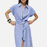 Vestido Maxi de Mezcla de Lino a Rayas con Cinturón