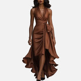 Vestido de Noche de Satén – Elegancia Formal con Escote en V y Hombros Descubiertos