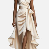 Vestido de Noche de Satén – Elegancia Formal con Escote en V y Hombros Descubiertos