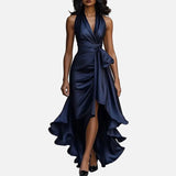 Vestido de Noche de Satén – Elegancia Formal con Escote en V y Hombros Descubiertos