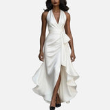 Vestido de Noche de Satén – Elegancia Formal con Escote en V y Hombros Descubiertos