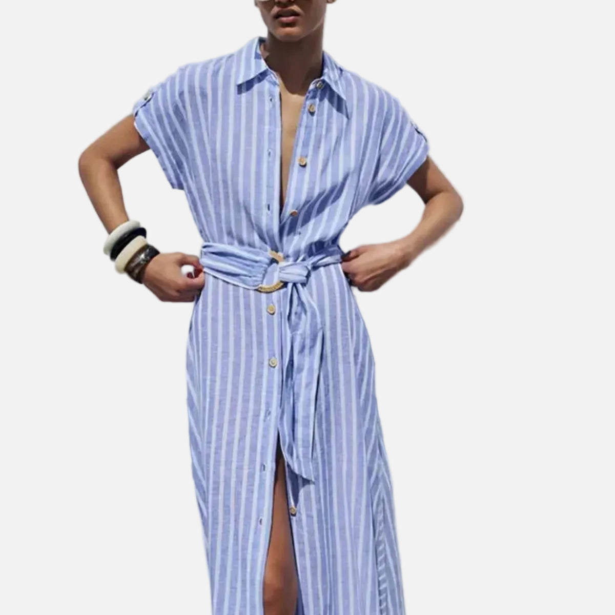 Vestido Maxi de Mezcla de Lino a Rayas con Cinturón