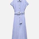 Vestido Maxi de Mezcla de Lino a Rayas con Cinturón