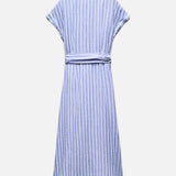 Vestido Maxi de Mezcla de Lino a Rayas con Cinturón