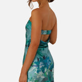 Vestido mini floral sin tirantes para mujer con escote bandeau plegado