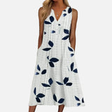 Vestido Maxi con Estampado de Hojas – Elegante Escote en V Sin Mangas para Verano