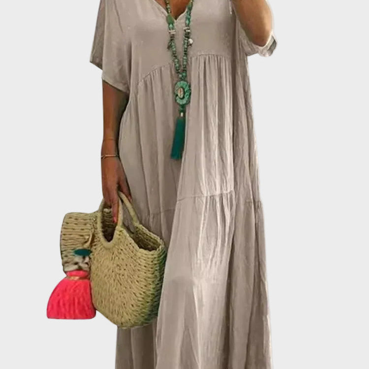 Linnea – Vestido maxi suave con volantes y escote en forma de V