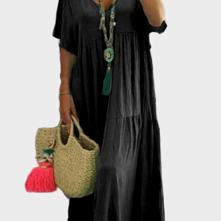Linnea – Vestido maxi suave con volantes y escote en forma de V