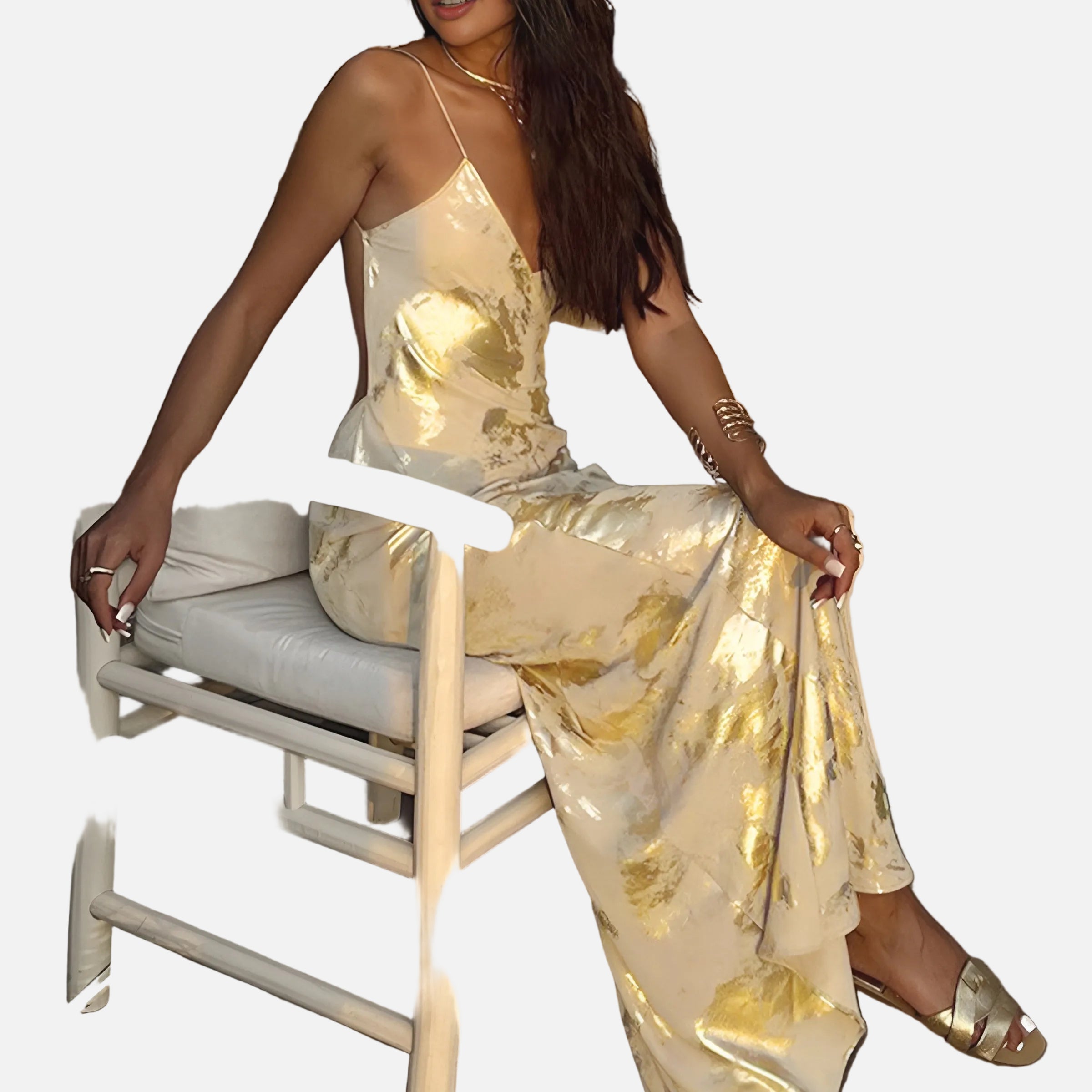 Elegante Vestido Maxi de Invitada de Boda Amarillo y Dorado