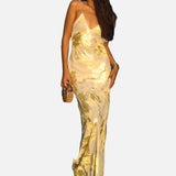 Elegante Vestido Maxi de Invitada de Boda Amarillo y Dorado