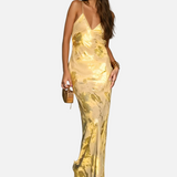 Elegante Vestido Maxi de Invitada de Boda Amarillo y Dorado