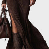 Adrianna - Vestido maxi de ante marrón con cinturón y cremallera