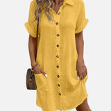 Vestido camisero de manga corta con botones y bolsillos delanteros para mujer