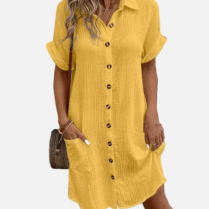 Vestido camisero de manga corta con botones y bolsillos delanteros para mujer