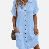 Vestido camisero de manga corta con botones y bolsillos delanteros para mujer