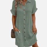 Vestido camisero de manga corta con botones y bolsillos delanteros para mujer