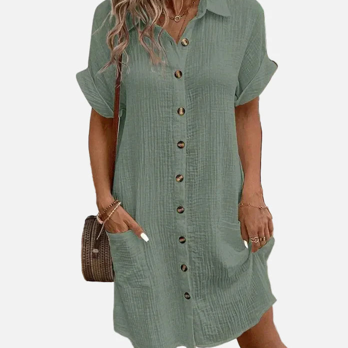 Vestido camisero de manga corta con botones y bolsillos delanteros para mujer