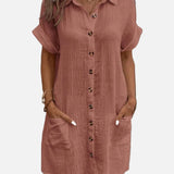 Vestido camisero de manga corta con botones y bolsillos delanteros para mujer