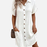 Vestido camisero de manga corta con botones y bolsillos delanteros para mujer