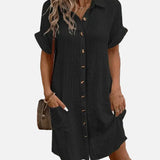 Vestido camisero de manga corta con botones y bolsillos delanteros para mujer