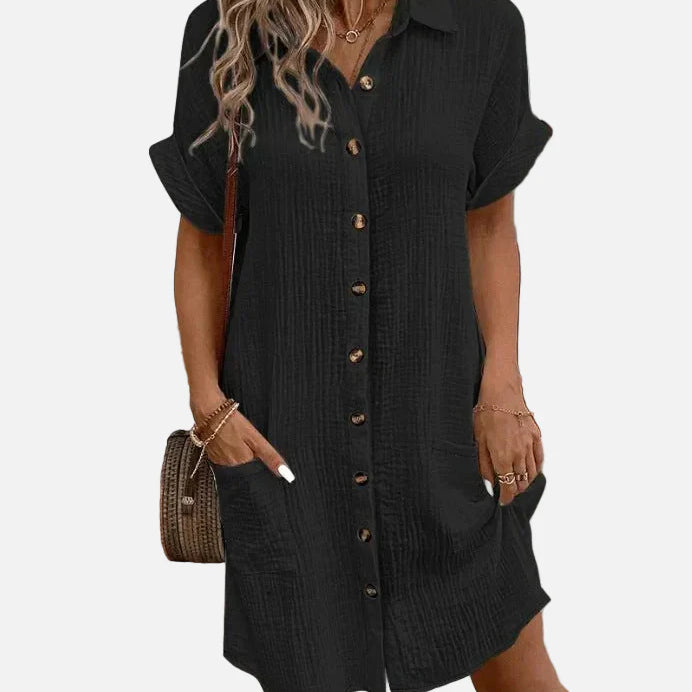 Vestido camisero de manga corta con botones y bolsillos delanteros para mujer