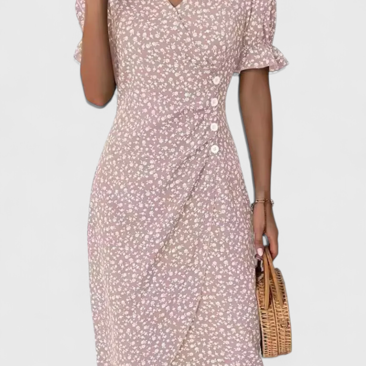 Vestido Midi Floral Joana con Escote en V y Mangas Cortas