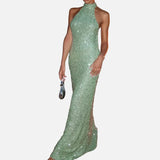 Vestido Maxi de Cuello Halter con Silueta Elegante y Ajustada